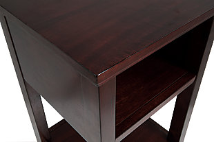 Your home called. It asked for the Marnville accent table. Cherry brown finish is simply irresistible, elevating the silhouette with elegance. Clean lines maintain the contemporary aesthetic you crave. Open cubby and bottom shelf provide storage for essentials and decor. Power up your devices with USB ports. How’s that for form and function?Made of wood, engineered wood and veneers | Cherry brown finish | 1 open cubby and bottom shelf | 2 USB charging ports | Power cord included; UL Listed | Estimated Assembly Time: 15 Minutes