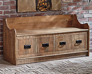 Load up on vintage charm with the Garrettville accent bench. Sporting faux drawer fronts adorned with black bail pulls, this handy-dandy solid wood bench includes a hinged seat revealing underlying storage. What a quaint choice for an entryway or mudroom.Made of solid wood | Light brown finish | Black finished metal hardware | Hinged seat with storage | Assembly required | Estimated Assembly Time: 30 Minutes