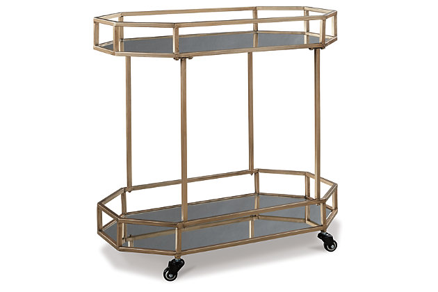 The Daymont bar cart entices with high glam appeal that knows how to strike a stylish pose. Mirrored shelves are a trendy complement to the goldtone finished metal. Its open concept frame has plenty of chic panache to accompany drinks and glassware. Convenient caster wheels make transport a breeze.Made of metal and glass | Goldtone finish | 2 mirrored shelves | Casters for easy mobility | Estimated Assembly Time: 30 Minutes