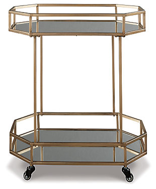 The Daymont bar cart entices with high glam appeal that knows how to strike a stylish pose. Mirrored shelves are a trendy complement to the goldtone finished metal. Its open concept frame has plenty of chic panache to accompany drinks and glassware. Convenient caster wheels make transport a breeze.Made of metal and glass | Goldtone finish | 2 mirrored shelves | Casters for easy mobility | Estimated Assembly Time: 30 Minutes
