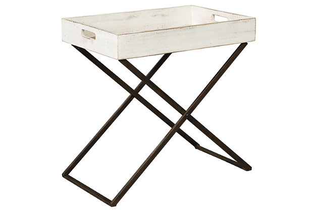Casually cool style served with a side of bygone charm. Pairing solid wood and metal, the Janfield accent table with “tray” top commingles a distressed aesthetic with clean-lined, modern appeal. Combination of three finishes gives this simply striking table so much distinction.Solid wood tabletop with natural and antique white finish | Cutout handles | Metal base in antique black finish | Estimated Assembly Time: 15 Minutes
