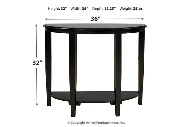 The Altonwood console sofa table impresses with a classic black finish that accentuates its clean-lined frame. Perfect for lovers of farmhouse or shabby chic style, the compact size adds form and function to any hallway instantly, while the bottom shelf displays accents effortlessly. Your search for simple, chic design ends here.Made of veneers, wood and engineered wood | Black finish | 1 shelf | Assembly required | Estimated Assembly Time: 15 Minutes