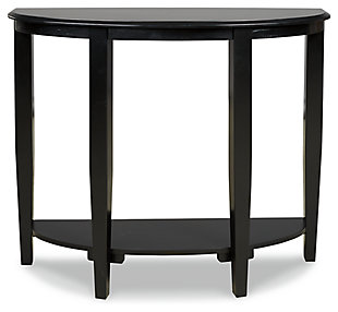 The Altonwood console sofa table impresses with a classic black finish that accentuates its clean-lined frame. Perfect for lovers of farmhouse or shabby chic style, the compact size adds form and function to any hallway instantly, while the bottom shelf displays accents effortlessly. Your search for simple, chic design ends here.Made of veneers, wood and engineered wood | Black finish | 1 shelf | Assembly required | Estimated Assembly Time: 15 Minutes