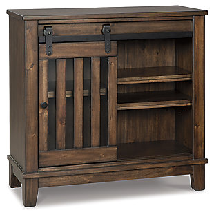 A fabulous find for your modern farmhouse, the Brookport accent cabinet is loaded with charm and possibilities. Smooth-gliding open-slat door provides easy access to a trio of three adjustable shelves for you to store with style.Made of veneers, wood and engineered wood | Black finished door pull and hardware | Sliding door | 3 adjustable shelves | Assembly required | Estimated Assembly Time: 30 Minutes