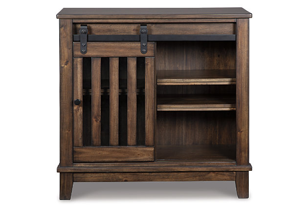 A fabulous find for your modern farmhouse, the Brookport accent cabinet is loaded with charm and possibilities. Smooth-gliding open-slat door provides easy access to a trio of three adjustable shelves for you to store with style.Made of veneers, wood and engineered wood | Black finished door pull and hardware | Sliding door | 3 adjustable shelves | Assembly required | Estimated Assembly Time: 30 Minutes