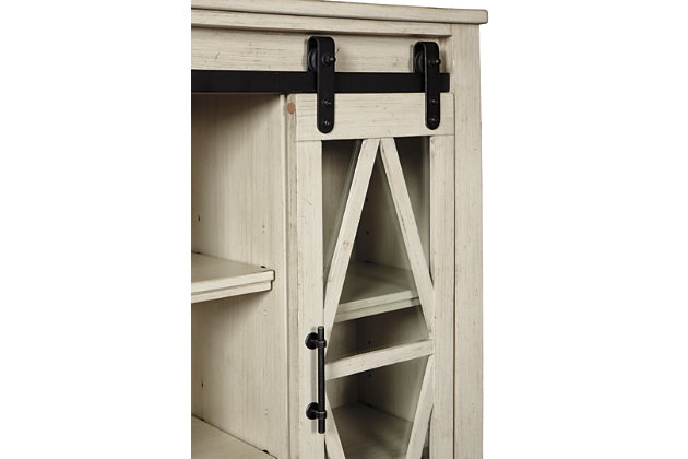 Put your love of modern farmhouse living on display with the Bronfield accent cabinet. Antique white finish and sliding "barn door" make it loaded with character. Four adjustable shelves are packed with potential.Made of wood and engineered wood | Black finished metal hardware | Sliding door with glass panel front | 4 adjustable shelves | Assembly required | Estimated Assembly Time: 30 Minutes