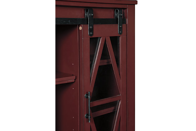 Put your love of modern farmhouse living on display with the Bronfield accent cabinet. Antique red finish and sliding "barn door" make it loaded with character. Four adjustable shelves are packed with potential.Made of wood and engineered wood | Black finished metal hardware | Sliding door with glass panel front | 4 adjustable shelves | Assembly required | Estimated Assembly Time: 30 Minutes