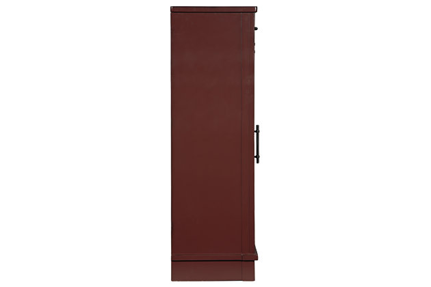 Put your love of modern farmhouse living on display with the Bronfield accent cabinet. Antique red finish and sliding "barn door" make it loaded with character. Four adjustable shelves are packed with potential.Made of wood and engineered wood | Black finished metal hardware | Sliding door with glass panel front | 4 adjustable shelves | Assembly required | Estimated Assembly Time: 30 Minutes