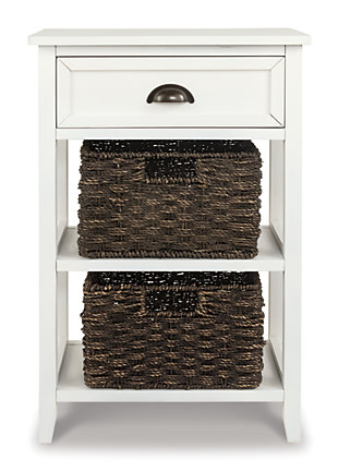 Make your modern farmhouse or cozy cottage that much quainter with the Oslember accent table in antiqued white. Pair of woven storage baskets enhance its casually cool sensibility, while cup pull adds a retro-chic touch. Be it in the home office or hallway, what a handy addition.Made of veneers, wood and engineered wood | 2 removable woven baskets | 1 drawer | Fixed shelf | Cup pull hardware with antiqued bronze-tone finish
