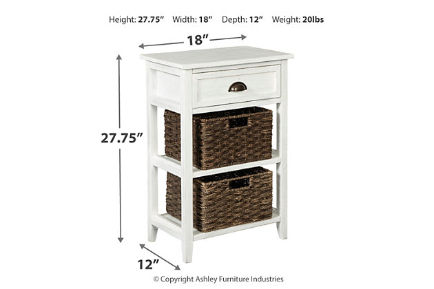 Make your modern farmhouse or cozy cottage that much quainter with the Oslember accent table in antiqued white. Pair of woven storage baskets enhance its casually cool sensibility, while cup pull adds a retro-chic touch. Be it in the home office or hallway, what a handy addition.Made of veneers, wood and engineered wood | 2 removable woven baskets | 1 drawer | Fixed shelf | Cup pull hardware with antiqued bronze-tone finish