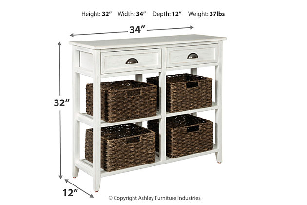 Make your modern farmhouse or cozy cottage that much quainter with the Oslember console sofa table in antiqued white. Four woven storage baskets enhance its casually cool sensibility, while cup pulls add a retro-chic touch. Whether placed in an entryway or living area, what a handy addition.Made of veneers, wood and engineered wood | 4 removable woven baskets | 2 drawers | 2 fixed shelves | Cup pull hardware with antiqued bronze-tone finish