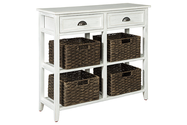 Make your modern farmhouse or cozy cottage that much quainter with the Oslember console sofa table in antiqued white. Four woven storage baskets enhance its casually cool sensibility, while cup pulls add a retro-chic touch. Whether placed in an entryway or living area, what a handy addition.Made of veneers, wood and engineered wood | 4 removable woven baskets | 2 drawers | 2 fixed shelves | Cup pull hardware with antiqued bronze-tone finish