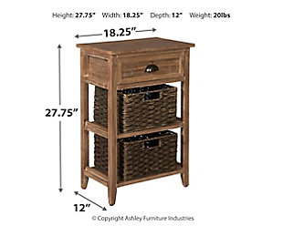 Make your modern farmhouse or cozy cottage that much quainter with the richly distressed Oslember accent table. Pair of woven storage baskets enhance its casually cool sensibility, while cup pull adds a retro-chic touch. Be it in the home office or hallway, what a handy addition.Made of veneers, wood and engineered wood | 2 removable woven baskets | 1 drawer | Fixed shelf | Cup pull hardware with antiqued bronze-tone finish