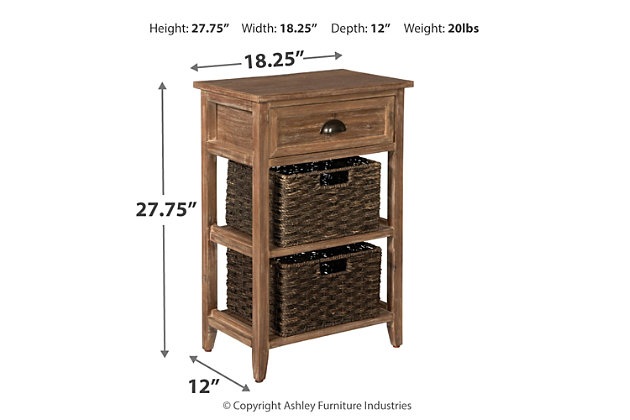 Make your modern farmhouse or cozy cottage that much quainter with the richly distressed Oslember accent table. Pair of woven storage baskets enhance its casually cool sensibility, while cup pull adds a retro-chic touch. Be it in the home office or hallway, what a handy addition.Made of veneers, wood and engineered wood | 2 removable woven baskets | 1 drawer | Fixed shelf | Cup pull hardware with antiqued bronze-tone finish