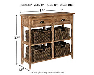 Make your modern farmhouse or cozy cottage that much quainter with the richly distressed Oslember console sofa table. Four woven storage baskets enhance its casually cool sensibility, while cup pulls add a retro-chic touch. Whether placed in an entryway or living area, what a handy addition.Made of veneers, wood and engineered wood | 4 removable woven baskets | 2 drawers | 2 fixed shelves | Cup pull hardware with antiqued bronze-tone finish
