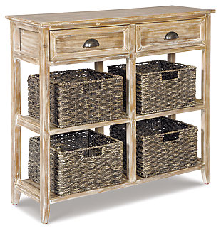 Make your modern farmhouse or cozy cottage that much quainter with the richly distressed Oslember console sofa table. Four woven storage baskets enhance its casually cool sensibility, while cup pulls add a retro-chic touch. Whether placed in an entryway or living area, what a handy addition.Made of veneers, wood and engineered wood | 4 removable woven baskets | 2 drawers | 2 fixed shelves | Cup pull hardware with antiqued bronze-tone finish