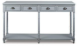 Need wide open shelf space for a decorative display? The Eirdale console sofa table gives you ample room to work with, plus bonus drawer space for keeping a clutter-free table top. Vintage elements like turned legs, cupped drawer pulls and framed drawer fronts make this table perfect for drawing attention.Made of veneers, wood and engineered wood | Gray finish | 4 smooth-gliding drawers, 1 lower shelf | Antique bronze-tone finished metal drawer pulls | Assembly required | Estimated Assembly Time: 15 Minutes