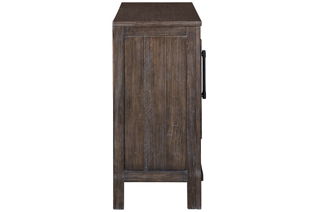 Short on storage? Fret not. The Alvaton accent cabinet with distinctive fretwork has you covered. Mirrored inlays on the double cabinet doors lend an open and airy feel, while an adjustable shelf nicely accommodates. What a versatile piece that works beautifully in an entryway, dining room, kitchen or great room.Made of wood and veneer | Antique brown finish | Silvertone finished metal door pulls | Fretwork over mirrored door fronts | 2 cabinet doors | 1 adjustable shelf | Assembly required | Estimated Assembly Time: 30 Minutes