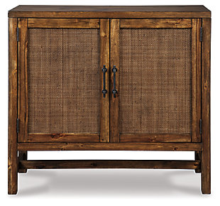Whether you’re going for cool and contemporary or warm and inviting, the Beckings accent cabinet is stow enticing. Woven paneled door fronts are elegant yet informal. Beautified with an antique brown finish, this clean-lined accent cabinet easily complements a wide range of decor.Made of wood and veneer | Antique brown finish | Bronze-tone finished metal door pulls | Woven paneled fronts | 2 doors | Adjustable shelf | Assembly required | Estimated Assembly Time: 30 Minutes