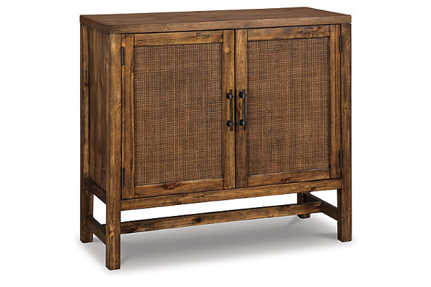 Whether you’re going for cool and contemporary or warm and inviting, the Beckings accent cabinet is stow enticing. Woven paneled door fronts are elegant yet informal. Beautified with an antique brown finish, this clean-lined accent cabinet easily complements a wide range of decor.Made of wood and veneer | Antique brown finish | Bronze-tone finished metal door pulls | Woven paneled fronts | 2 doors | Adjustable shelf | Assembly required | Estimated Assembly Time: 30 Minutes