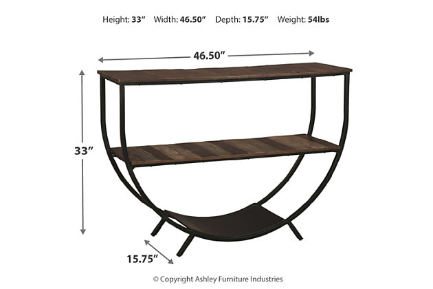 No ordinary take on modern farmhouse styling, the Lamoney console sofa table serves up shapely style. Brown, gray and white hues give the distressed top and shelf loads of cool character. Curvaceous black metal base brings a fresh twist into the mix.Made of wood and engineered wood | Distressed brown, gray and white finish | Center shelf | Black finished metal base | Assembly required | Estimated Assembly Time: 30 Minutes