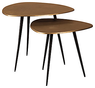 Beautifully in tune in contemporary places and mid-century inspired spaces, the Shemleigh 2-piece accent table set is music to your eyes. Rocking a two-tone brass-tone/black finish, these guitar pick tables crafted of cast aluminum make such a striking duo.Set of 2 | Made of cast aluminum | Brass-tone top; black legs | Assembly required | Estimated Assembly Time: 15 Minutes