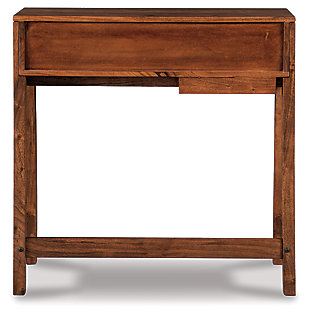 A sleek, scaled-down version of the classic secretary desk, the Trumore console sofa table makes less so much more. Fold-up top and fold-down desk beautifully accommodate your needs. Signature elements include an interior pencil box that’s mighty handy. Be it in the entryway, living room, bedroom or kitchen, this space-conscious piece is just the write touch.Made of wood | Medium brown finish | Fold up/fold down secretary desk design | Interior pencil box | Assembly required | Estimated Assembly Time: 15 Minutes