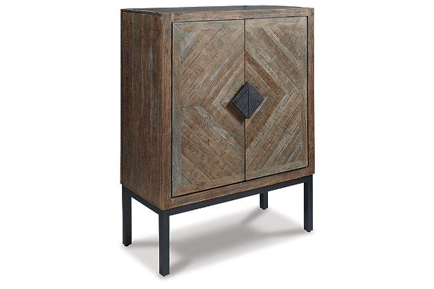 A swanky essential for the entertainer, the Premridge bar cabinet brings back cocktail hour in high style. Behind the diamond inlay pattern doors with shapely wooden pulls you’ll find dual racks for up to 16 wine bottles, holders for 27 standard wine glasses and an adjustable shelf to serve your needs. Pairing of antique gray wood and black finished metal is so pleasing to the palette.Made of wood, engineered wood and metal | Antique gray finish and black finished metal | 2 doors with diamond inlay pattern and wooden pulls | 2 slotted shelves hold 16 bottles | Rack holds 27 stemmed glasses | Adjustable shelf | Assembly required | Estimated Assembly Time: 30 Minutes