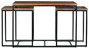 Merging crisp, clean lines with distressed finishing and a timeless herringbone pattern, the Janeley console/sofa table set with nesting design is sure to beautify your nest. Whether placed behind a sofa or sectional or gracing an entryway, this three-in-one table set is one high-style option.Set of 3 | Tabletop made of wood and engineered wood with distressed brown finish | Herringbone design | Black metal base | Nesting design | Assembly required | Estimated Assembly Time: 45 Minutes
