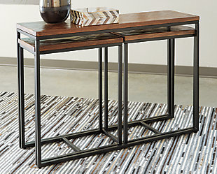 Merging crisp, clean lines with distressed finishing and a timeless herringbone pattern, the Janeley console/sofa table set with nesting design is sure to beautify your nest. Whether placed behind a sofa or sectional or gracing an entryway, this three-in-one table set is one high-style option.Set of 3 | Tabletop made of wood and engineered wood with distressed brown finish | Herringbone design | Black metal base | Nesting design | Assembly required | Estimated Assembly Time: 45 Minutes