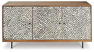 If you’re looking for a cool, clean-lined accent piece loaded with character, then you’ll surely want to carve out some space for the Kerrings accent cabinet. Fabulous flush-mount doors wow with their carved Greek key design for added dimension and tonal contrast. Three interior shelves accommodate your storage needs.Made of wood and engineered wood | Natural, black and ivory finishes | 3 doors with geometric carving and black metal knobs | 3 shelves | Assembly required | Estimated Assembly Time: 60 Minutes