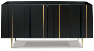 The Brentburn accent cabinet is beautifully aligned with your love of contemporary style with a high-glam twist. Finished in brilliant black, this quality crafted accent cabinet is enriched with thin brass inlays and tapered metal legs in a brass-tone finish for upscale appeal.Made of wood and engineered wood | Black finish | Brass-tone finished metal legs | 3 doors with brass inlay accents | 2 shelves | Assembly required | Estimated Assembly Time: 60 Minutes