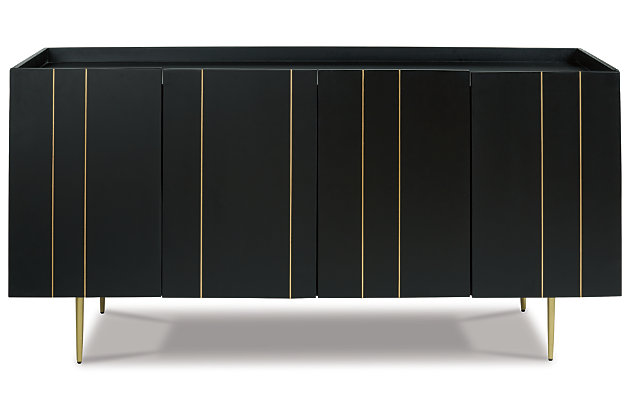 The Brentburn accent cabinet is beautifully aligned with your love of contemporary style with a high-glam twist. Finished in brilliant black, this quality crafted accent cabinet is enriched with thin brass inlays and tapered metal legs in a brass-tone finish for upscale appeal.Made of wood and engineered wood | Black finish | Brass-tone finished metal legs | 3 doors with brass inlay accents | 2 shelves | Assembly required | Estimated Assembly Time: 60 Minutes