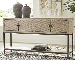 Make a cool, contemporary statement with the Roanley console sofa table. Sporting diamond-carved cabinet door fronts with great dimension, this designer piece is an inspired choice for an entryway, dining room or living space. Combination of distressed white wood and black metal is so striking.Made of wood and engineered wood | Distressed white finish | Black metal hardware | 4 doors | 1 shelf | Assembly required | Estimated Assembly Time: 60 Minutes