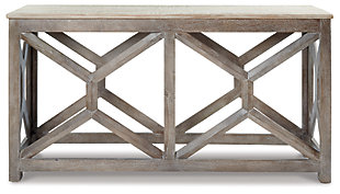Merging a highly modern profile with a two-tone, timeworn finish, the Lanzburg console sofa table is a prime case of opposites attract. The chic, sculptural base of this solid wood table is enriched with an antique gray finish. Topping the table off with a whitewash aesthetic makes things twice as interesting.Made of wood | Whitewash and antique gray finish | Assembly required | Estimated Assembly Time: 60 Minutes