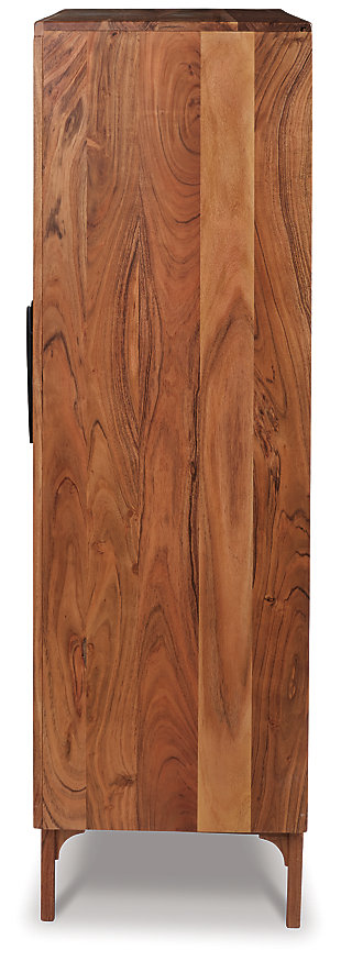 Diamond life. Make a bold, brilliant statement with the Gabinwell accent cabinet. A decidedly contemporary choice, this double-door cabinet with two interior shelves wows with its diamond inlay patterned design and masterful mix of light and medium brown finishes. Mid-century style pulls add a retro-chic touch.Made of wood and engineered wood | Light and medium brown finish | Diamond inlay pattern door fronts | Black door pulls | 2 doors | 2 shelves | Assembly required | Estimated Assembly Time: 60 Minutes