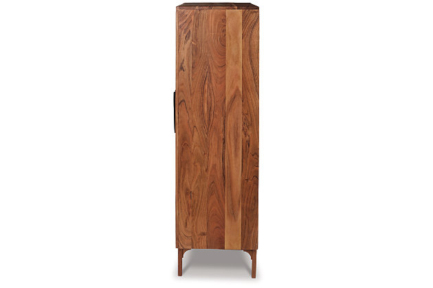 Diamond life. Make a bold, brilliant statement with the Gabinwell accent cabinet. A decidedly contemporary choice, this double-door cabinet with two interior shelves wows with its diamond inlay patterned design and masterful mix of light and medium brown finishes. Mid-century style pulls add a retro-chic touch.Made of wood and engineered wood | Light and medium brown finish | Diamond inlay pattern door fronts | Black door pulls | 2 doors | 2 shelves | Assembly required | Estimated Assembly Time: 60 Minutes