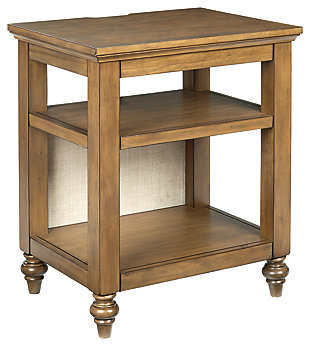 Dressed to impress with a beige fabric back panel—for something new and something you—the Brickwell accent table masters the art of transitional design. The clean, simply chic profile is beautified with a warm brown finish and elegantly turned feet. USB plug-ins make this accent table that much more useful.Made of veneer, wood and engineered wood | Brown finish | Upholstered in beige polyester fabric | 2 shelves | 2 slim-profile USB charging ports | Power cord included; UL Listed | Assembly required | Estimated Assembly Time: 30 Minutes
