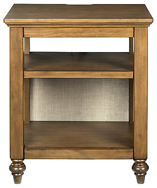 Dressed to impress with a beige fabric back panel—for something new and something you—the Brickwell accent table masters the art of transitional design. The clean, simply chic profile is beautified with a warm brown finish and elegantly turned feet. USB plug-ins make this accent table that much more useful.Made of veneer, wood and engineered wood | Brown finish | Upholstered in beige polyester fabric | 2 shelves | 2 slim-profile USB charging ports | Power cord included; UL Listed | Assembly required | Estimated Assembly Time: 30 Minutes