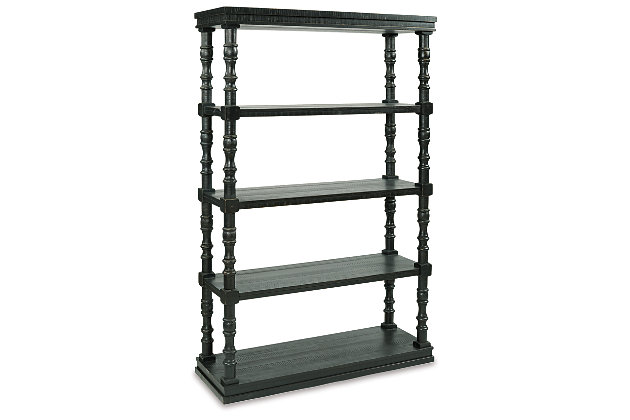 With its antique black finish, plank-effect styling and charming turned details, the Dannerville bookcase is sure to elevate the look and feel of a room. Whether you embrace traditional decor or fancy modern farmhouse style, this 5-tier open bookcase will look right at home.Made of veneer, wood and engineered wood | Antique black finish | 5 tiers | Assembly required | Estimated Assembly Time: 45 Minutes