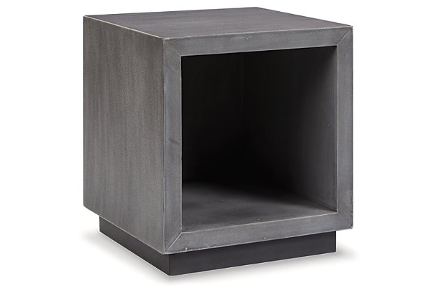 Simple structures make for the coolest designs. Uncomplicated and straightforward in its presentation, the Larkburg accent table brings urban sophistication to your space with a faux concrete finish and black base. Open on one side for storage, this piece adds an industrial flair in an instant.Made of engineered wood and faux concrete | Black finish | Side storage | Assembly required