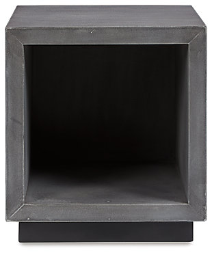 Simple structures make for the coolest designs. Uncomplicated and straightforward in its presentation, the Larkburg accent table brings urban sophistication to your space with a faux concrete finish and black base. Open on one side for storage, this piece adds an industrial flair in an instant.Made of engineered wood and faux concrete | Black finish | Side storage | Assembly required