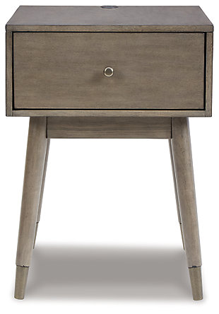 A study in seeming contradictions, the Paulrich accent table is both practical and stylish. A storage drawer lets you keep necessary items in reach while out of sight, and two USB ports keep your devices powered up as you wind down. The clean lines and antique gray finish give this piece a high-design profile to elevate your space.Made of veneer, solid and engineered woods | Antiqued gray finish | Pewter-tone hardware | 1 drawer | 2 USB charging ports | Assembly required | Estimated Assembly Time: 15 Minutes