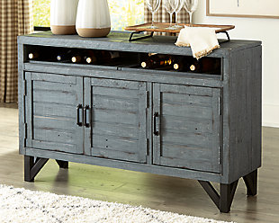 Versatility is key, and you can swing wide the doors of opportunity with the Jainworth bar cabinet. The antique blue finish and three paneled doors add a fresh farmhouse feel while the antiqued black hardware and sled legs add an urban vibe. With removable wine racks and two shelves, this piece provides your home with usage options from hidden bar to television stand to dining room buffet.Made of veneer, solid and engineered woods | Antiqued blue finish | Black finished hardware | 3 doors | 2 shelves and 2 removable wine racks | Cord opening | Assembly required | Estimated Assembly Time: 45 Minutes