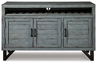 Versatility is key, and you can swing wide the doors of opportunity with the Jainworth bar cabinet. The antique blue finish and three paneled doors add a fresh farmhouse feel while the antiqued black hardware and sled legs add an urban vibe. With removable wine racks and two shelves, this piece provides your home with usage options from hidden bar to television stand to dining room buffet.Made of veneer, solid and engineered woods | Antiqued blue finish | Black finished hardware | 3 doors | 2 shelves and 2 removable wine racks | Cord opening | Assembly required | Estimated Assembly Time: 45 Minutes