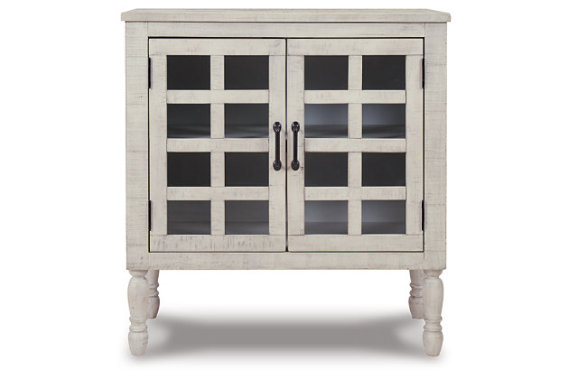 Wonderfully versatile, the Falkgate accent cabinet with whitewash finish brings form and function to virtually any space in your home. A tasteful addition to a dining area, what a perfect place to stack bowls, plates and linens. Of course, it works great as a home office storage unit, too. Talk about endless possibilities.Made of wood and engineered wood | Whitewash finish | Antiqued bronze-tone hardware | Door fronts with clear inset glass | 2 doors | Adjustable shelf | Assembly required | Estimated Assembly Time: 30 Minutes