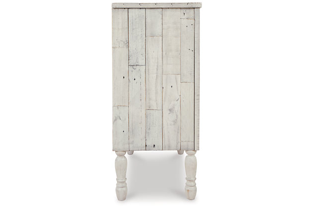 Wonderfully versatile, the Falkgate accent cabinet with whitewash finish brings form and function to virtually any space in your home. A tasteful addition to a dining area, what a perfect place to stack bowls, plates and linens. Of course, it works great as a home office storage unit, too. Talk about endless possibilities.Made of wood and engineered wood | Whitewash finish | Antiqued bronze-tone hardware | Door fronts with clear inset glass | 2 doors | Adjustable shelf | Assembly required | Estimated Assembly Time: 30 Minutes