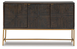 The Elinmore accent cabinet is a versatile stunner with 3 geometric patterned door fronts in warm dark brown accented with goldtone finish metal hardware. Standing on a goldtone metal open frame base, the three-door console is aesthetically contemporary and sophisticated, ready to serve as buffet, console or media cabinet.Solid and engineered wood | 3 door fronts | 3 fixed shelves | Cord openings in back | Assembly required | Estimated Assembly Time: 45 Minutes