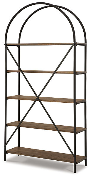Put a personal touch into your space with the Galtbury on-trend bookcase, perfect for showing off framed photos, books and favorite objects. Defined by its distinctive mix of materials, this piece pairs an open metal frame in a bronze-tone finish with 5 fixed distressed wooden shelves for a look that’s right at home in an industrial, modern farmhouse or rustic setting.Metal, veneer and engineered wood | 5 fixed shelves | Assembly required | Estimated Assembly Time: 30 Minutes