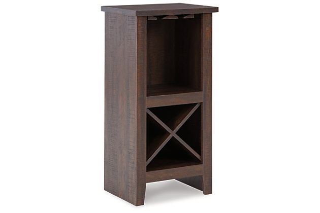 Use the Turnley accent cabinet with wine storage to beautifully display some of your favorite vintages. With a compact construction that won't take up floor space, this small space solution cabinet is the perfect fit whether your style is modern farmhouse or urban eclectic.Decorative laminate over engineered wood | Replicated wood grain | 1 fixed shelf | Wine rack | Wine glass holder | Assembly required | Estimated Assembly Time: 30 Minutes